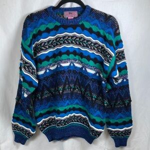 VTG 80s Concrete Mix Knit Sweater Men's L Crew Neck Textured 3D Blue Green Sz M